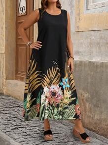 EMERY ROSE Abito lungo senza maniche con stampa tropicale di taglia grande per le vacanze estive