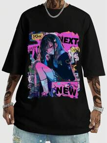 ROMWE MEN Anime Camiseta casual de manga corta con cuello redondo, estampado de personajes de dibujos animados y letras, para hombre, escuela - Negro - Ver 1