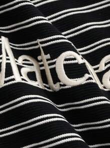 DAZY 女式夏季条纹字母印花圆领休闲落肩袖T恤，图案T恤 - 黑色 - 查看 9