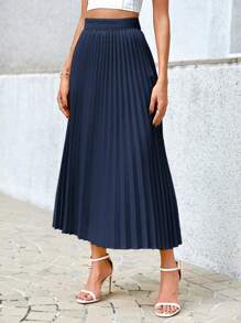 SHEIN Privé Ladies' Solid Color High Waist Pleated Long Elegant Skirt - Navy Blue - View 5