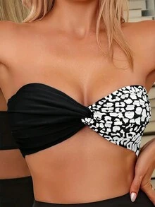 SHEIN Swim Áo bikini đi biển mùa hè họa tiết da báo Twist Knot Bandeau dành cho nữ - Đen và trắng - Xem 5