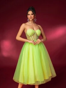 SHEIN Belle Elegant And Vibrant Fluorescent Strapless Bra Cup, With Back Ties And High Waist. Pleated And Fluffy Chiffon Dress, Perfect For Graduation Parties, Afternoon Tea, Gatherings, And Cocktail Parties.