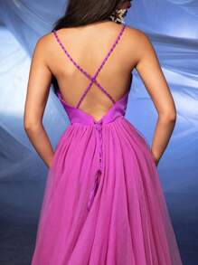 SHEIN Belle 女士網眼拼接交叉背無袖晚會裙 - 紫色 - 查看 7