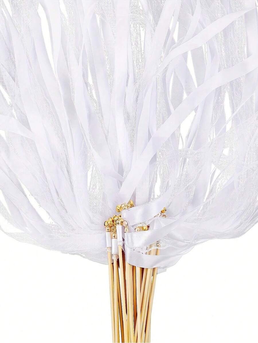 20/10/5/1pc White Lace Ribbon Wands, Silk Fairy Wands With Golden Bells, Wedding Ribbon Streamers, Suitable For Wedding, Party, Birthday, Holiday Decorations And Event Props - White - View 1