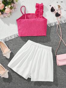 Bộ áo một dây vai dệt trơn màu đơn giản và quần short ống đứng cho bé gái tuổi mới lớn đi làm & thường ngày, xuân/hè - Màu Hồng Tươi - Xem 2