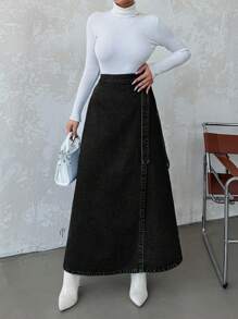 EURMUSE Women's Solid Color Cross Wrap Casual Denim Skirt For Summer - Black - View 3