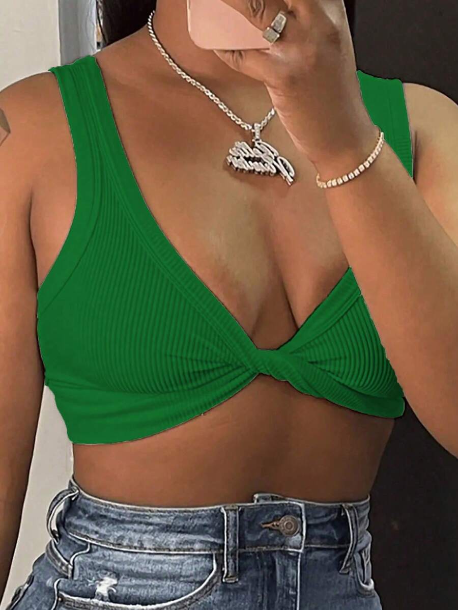 SHEIN Slayr Áo crop top xoắn màu trơn mùa hè cho nữ, áo ba lỗ thon gọn và gợi cảm - màu xanh lá - Xem 1
