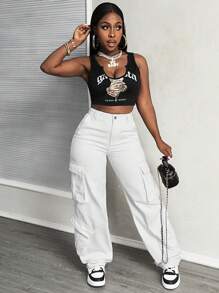 SHEIN Slayr Women's High-Waisted Straight Leg Jeans In White Workwear Style - White - View 1