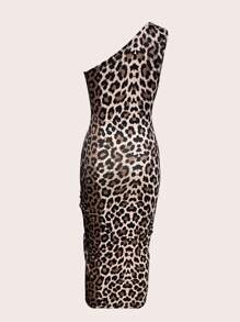 Calvaya Vestido largo asimétrico con escote alto y abertura lateral, estampado de leopardo, diseño sexy y ajustado con cordón, para mujer