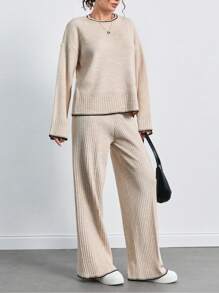 SHEIN Tall Drop Shoulder Sweater & Knit Pants - Khaki - View 5