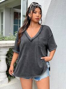 Muchica Cộng với kích thước axit rửa sạch nhìn cổ điển dệt kim đau khổ Loose Fit ngắn tay áo thun - màu đen - Xem 7