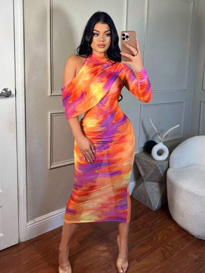 SHEIN SXY Vestido elegante de verano de malla ajustada con un hombro, fruncido y estampado en tie-dye