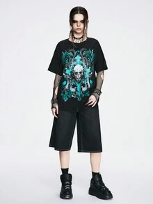 ROMWE Goth Halloween Totenkopf & Kreuz Oversized Distressed Snow Wash T-Shirt für Frauen - Schwarz - Übersicht 5