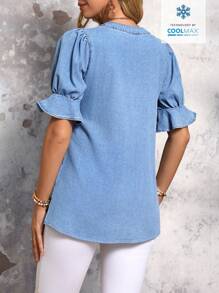 SHEIN LUNE Solid Notched Neck Flounce Sleeve Denim Top For Summer Vacation - Blue - View 2
