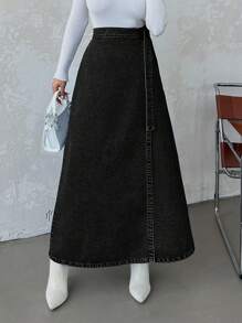 EURMUSE Women's Solid Color Cross Wrap Casual Denim Skirt For Summer - Black - View 5
