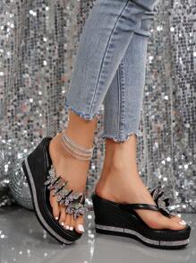 新款女士坡跟厚底凉鞋，镶钻防水厚底时尚蝴蝶网面鞋，情人节、人字拖、夏季穿搭、旅行必备 - 黑色 - 查看 7