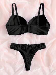 SHEIN Contrast Lace Super Push Up Bra & Panty Lingerie Set - Black - View 2