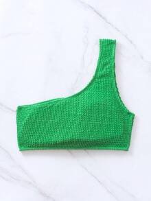 SHEIN Swim 女士夏季沙灘純色一字肩性感比基尼上衣 - 綠色 - 查看 3