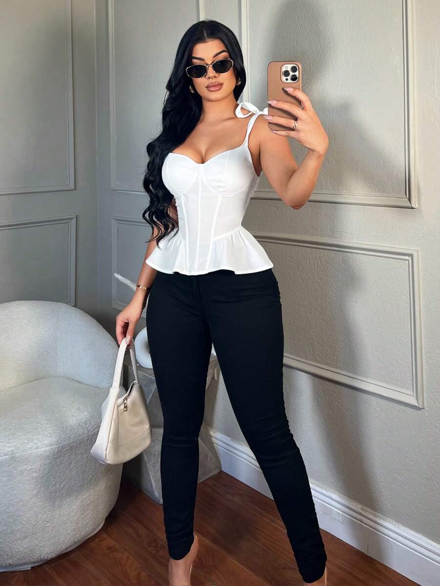 SHEIN SXY 女士纯色荷叶边下摆吊带背心白色上衣校园派对性感优雅 - 白色 - 查看 1