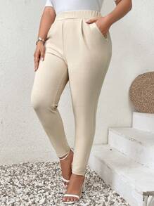 SHEIN Privé Plus Solid Slant Pocket Skinny Pants - Apricot - View 5