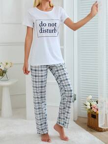 RueChic 2 件标语印花细节袖衬衫和格子印花细节睡裤睡衣套装 - 白色 - 查看 3