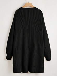 SHEIN CURVE+ 大码女式纯色 V 领长袖中长休闲通勤针织开衫，秋冬 - 黑色 - 查看 2