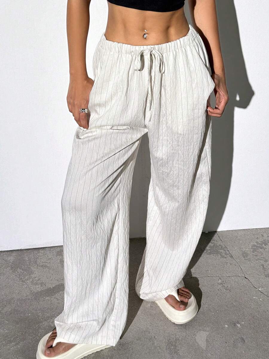 SHEIN EZwear 白色編織女式寬腿褲 - 白色 - 查看 1