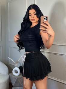 SHEIN SXY Layered Mesh Skirt With Netting And Lace Detailing, Low Waist For Summer - Black - View 3