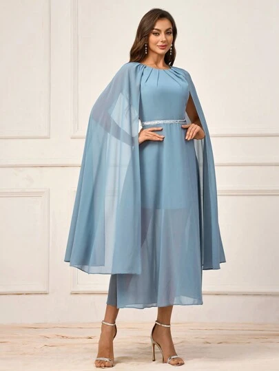 SHEIN Belle Elegant, Graceful, Romantic, Sweet And Charming Fashionable Woman's Round Neck Pearl Chain Decorated Cape Shawl With Side Drape Sleeves, Loose Neck Tie, Chest Pad, Gathered Chest Design, Anti-Glint, Uneven And Asymmetrical Hemline, High Waist A-Line Profile, Umbrella-Shaped Swing Hemline, Suitable For Holiday, Travel, Wedding, Bohemian Style, Beach Wedding, Outdoor Wedding, Lawn Wedding, Formal Wedding, Mother-Of-The-Bride Dresses, Bridesmaid Dresses, Medium Grey