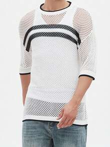 Manfinity Hypemode Men's Color Block Summer Casual Short Sleeve Hollow Knit Top - Black and White - View 6