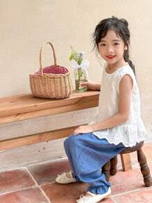 SHEIN Little Girls' Sleeveless Round Neck Burnt-Out Flower Top And Pants Set With Ruffled Hem - Multicolor - View 6