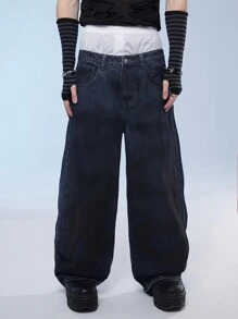 Manfinity Roghcode 男裝純色寬腿拉鍊牛仔褲，帶口袋，街頭風格 - 深色水洗藍 - 查看 1