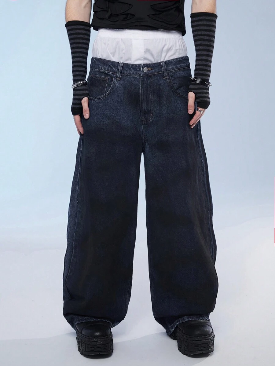 Manfinity Roghcode 男裝純色寬腿拉鍊牛仔褲，帶口袋，街頭風格 - 深色水洗藍 - 查看 1