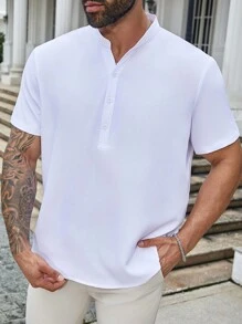 Manfinity Mode Men Plus Casual Plain Half Button Solid Short Sleeve Shirt For Summer