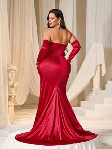 Faeriesty Váy dạ hội trang trọng cỡ lớn không dây cong có đường xẻ cao và viền váy đuôi cá dành cho tiệc tối Gala, lễ trao giải, tiệc khiêu vũ, tiệc từ thiện và tiệc chiêu đãi sang trọng (bao gồm găng tay) - Đỏ - Xem 2