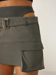 SHEIN Unity Falda cargo de cintura baja con cinturón para verano - Gris - Ver 5