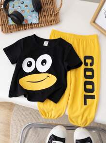 SHEIN 男婴卡通企鹅图案无袖 T 恤和裤子，2 件/套 - 黃色 - 查看 3