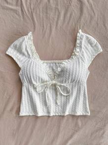 Soleia Camiseta ajustada de punto de textura sólida y dulce informal para mujer para verano, fiesta, vacaciones
