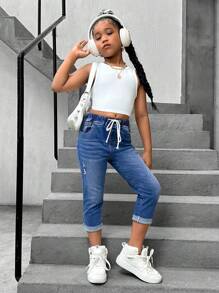 SHEIN Tween Girls' Summer Drawstring Waist Ripped Rolled Hem Casual Skinny Jeans With Pockets - Medium Wash - View 4