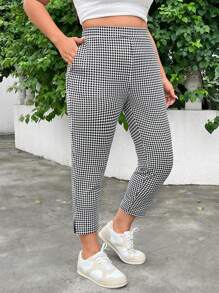 SHEIN EZwear 大码女式经典黑白格纹针织面料休闲教师裤，适合夏秋季节、返校季、教师节、校园及工作场合穿着，侧边开衩，弹性腰带，带口袋，格纹七分裤 - 彩色 - 查看 6