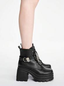 ROMWE Women's Gothic Skull Buckle Chunky Heel Comfortable Punk Style Mid-Calf Boots For Christmas And New Year Holiday Valentines - Black - View 3