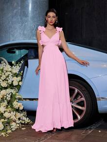 雪纺交叉带露背褶饰荷叶边下摆隐形拉链大摆晚礼服优雅正式婚礼宾客礼服，适合毕业典礼、晚宴派对礼服 - 粉色 - 查看 7