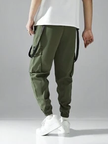 Men's Drawstring Waist Contrast Tape Casual Cargo Pants - Army Green - View 2