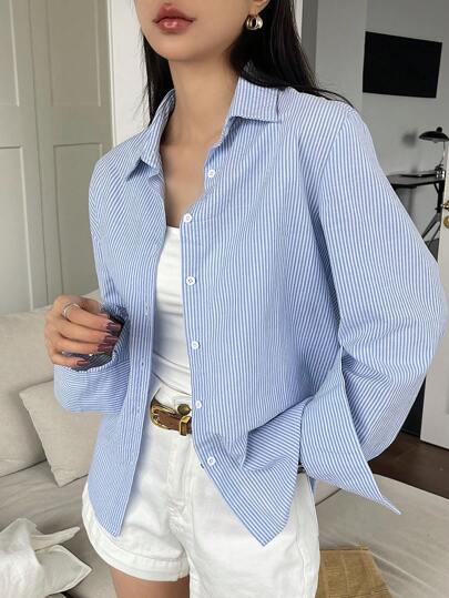 DAZY Camisa de manga larga a rayas casual para mujer, para primavera/verano, blusas de manga larga, ropa de mujer para otoño