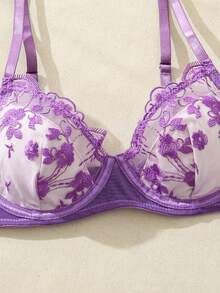 صدرية تطريز زهور على شبكة نسائية سكسية، ملابس داخلية - الأرجواني - مشاهدة 5