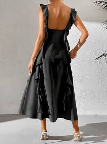 Chiquease Váy đi nghỉ màu trơn dành cho nữ có diềm xếp nếp và ruy băng - màu đen - Xem 2