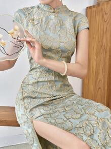 Modelyn 1 chiếc Sườn xám xẻ đùi họa tiết hoa thanh lịch, Sườn xám/Sườn xám hiện đại cải tiến theo phong cách Trung Hoa thanh lịch - Màu xanh lam - Xem 3