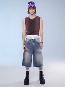 Manfinity Roghcode Quần short denim giản dị cho nam, phong cách đường phố - Rửa tối - Xem 8