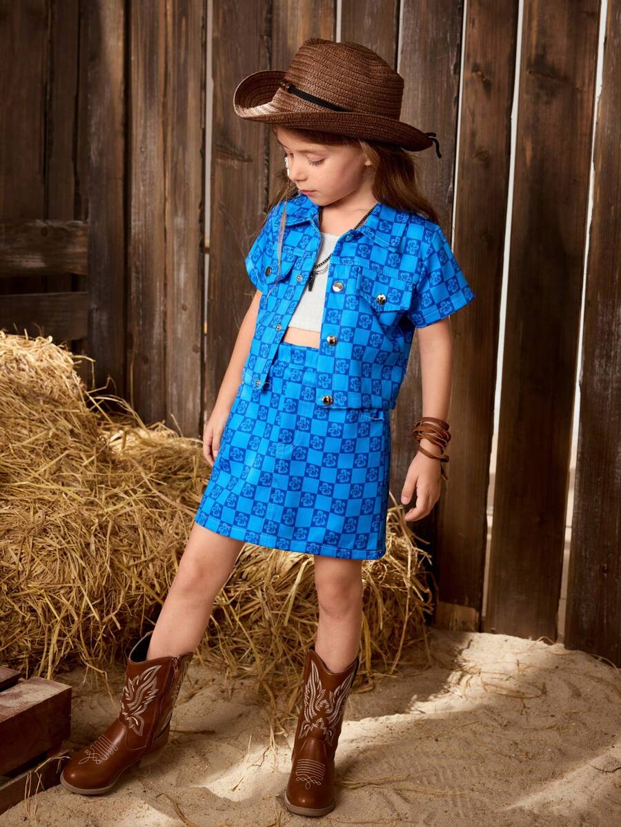 SHEIN Conjunto de blusa de manga corta con cuadros y bolsillo con botones y falda con estilo coreano para niñas, primavera/verano - Azul - Ver 1