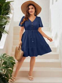 SHEIN VCAY 加大號蝴蝶袖荷葉邊打結前襟裙 - 藏蓝色 - 查看 6